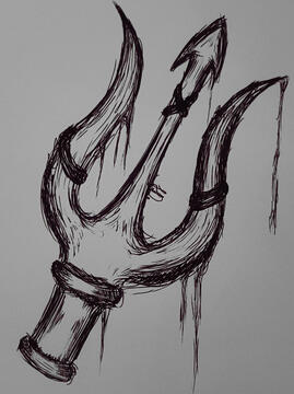 A drawing of a trident with seaweed hanging off parts of it.